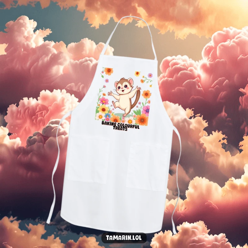 Funny Cartwheeling Tamarin Apron: A kitchen apron featuring a happy monkey with rosy cheeks doing a cartwheel amidst flowers, ready for cooking fun.