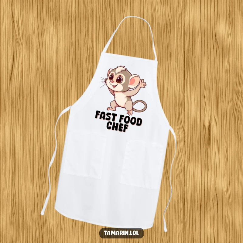 Funny Waving Tamarin Apron: A kitchen apron featuring a cheerful monkey waving hello with motion lines, perfect for greeting guests with a smile.