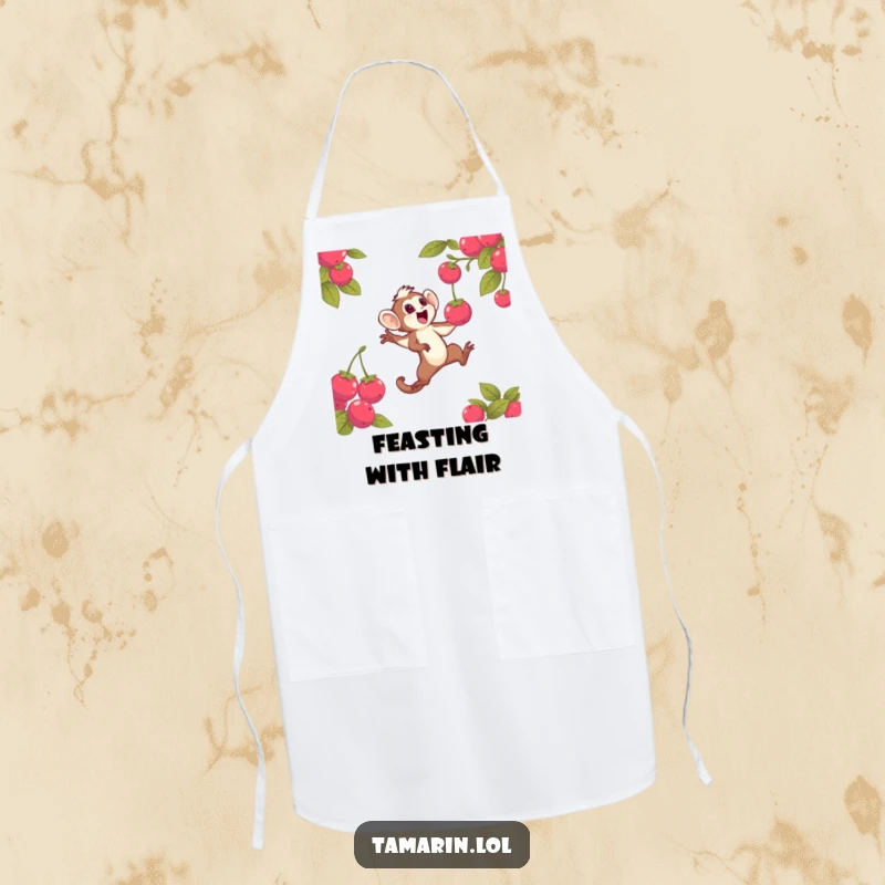 Funny apron featuring a tamarin character energetically leaping to catch a bright berry, ideal for adding humor to kitchen activities and cooking fun.