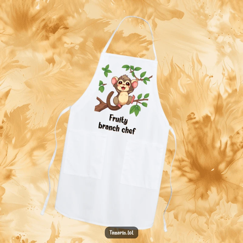 Funny Tamarin Apron showing a tamarin energetically swinging, ready to help with kitchen tasks with a smile.
