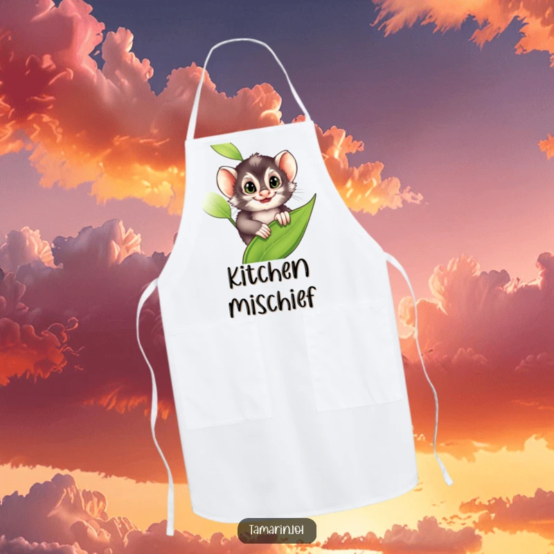 Funny Apron: A tamarin peeks from a leaf with a mischievous grin, adding playful flair to cooking, a unique funny gift.