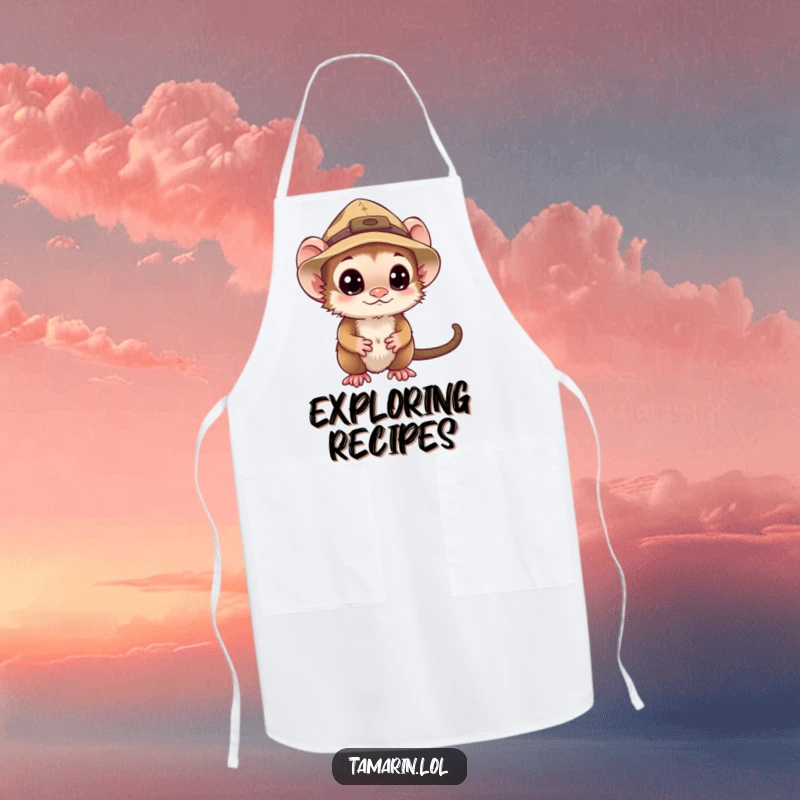 Funny tamarin apron depicting a curious monkey in an explorer hat, ready for humorous kitchen adventures and cooking discoveries.