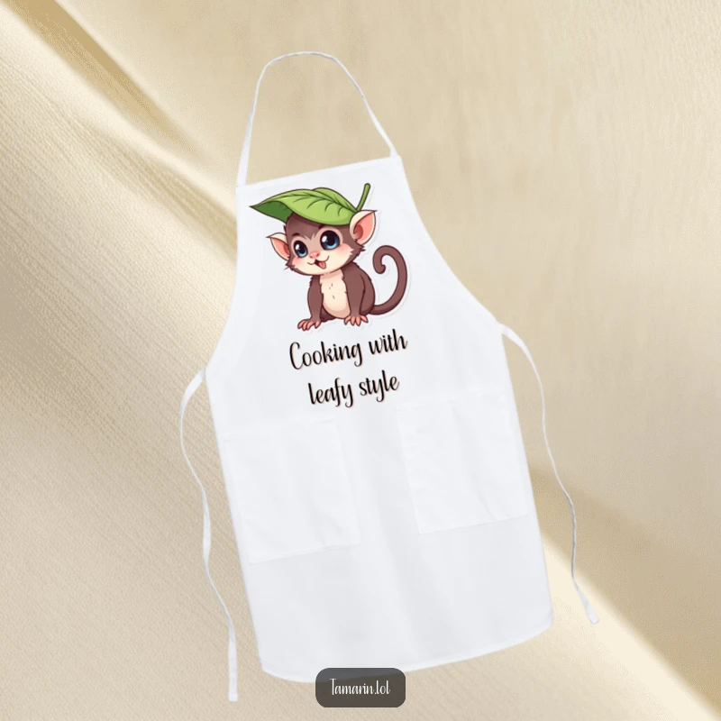 Funny apron with a tamarin character humorously wearing a leaf as a hat, looking playful and mischievous, perfect for adding fun to cooking activities.