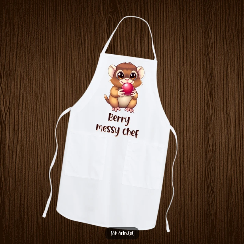 Funny Tamarin Apron showing a primate with delighted eyes, holding a shiny berry, perfect for kitchen fun.