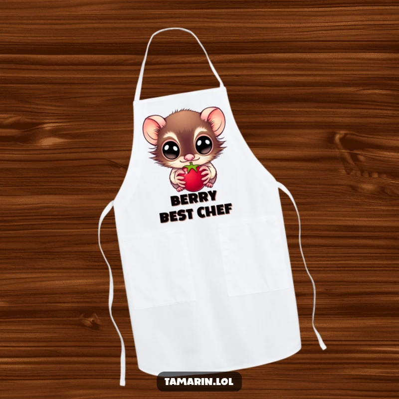 Funny apron featuring a wide-eyed tamarin looking at a juicy berry, perfect for kitchen messes or crafting, a funny and practical gift.