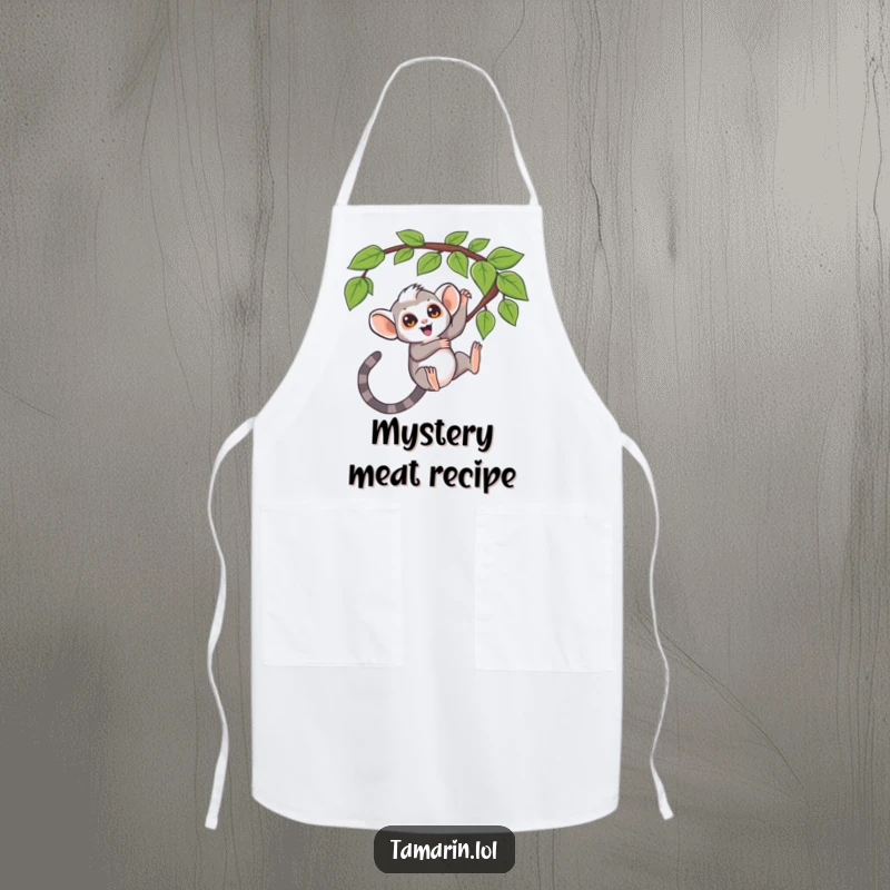 Funny apron, tamarin swinging from a question mark vine, monkey humor, playful kitchen accessory, perfect funny gift.
