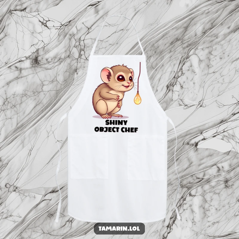Funny apron illustrating a tamarin batting playfully at a dangling, sparkling object, ideal for chefs who love humor.