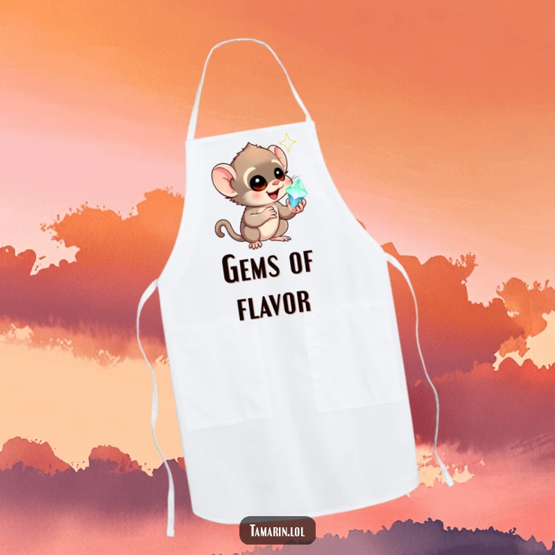 Funny tamarin apron depicting a monkey's awe-filled gaze upon a sparkling gem, adding humorous charm to kitchen duties.