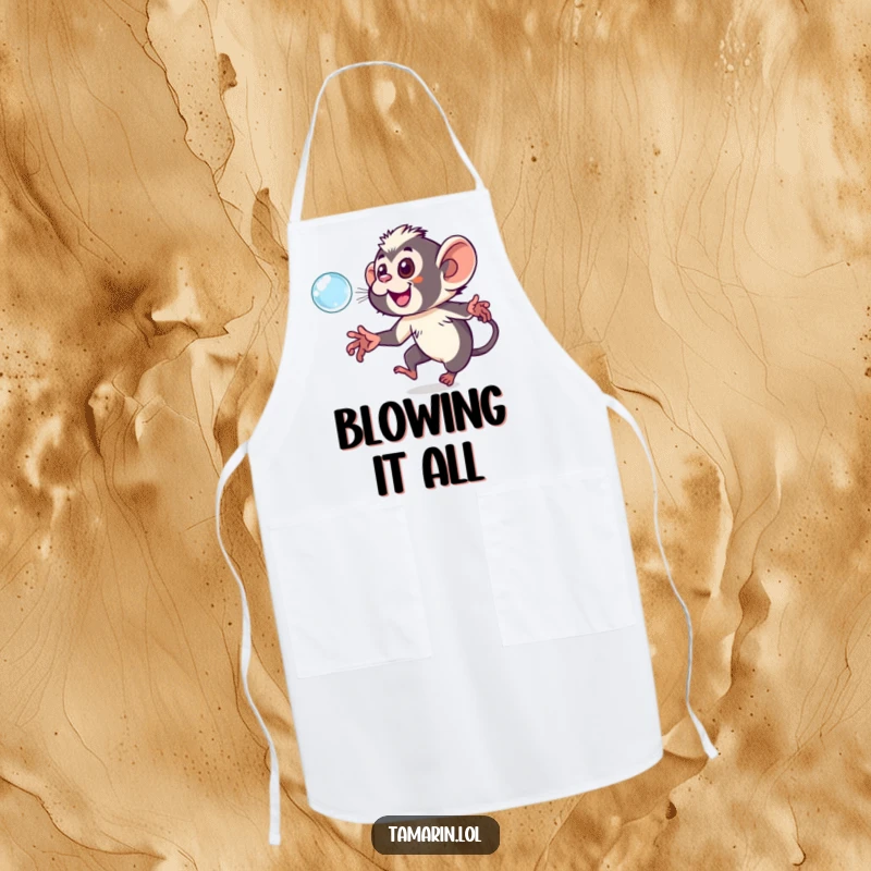 Funny tamarin apron depicting a playful monkey enthusiastically chasing a large, iridescent bubble, great for kitchen activities.