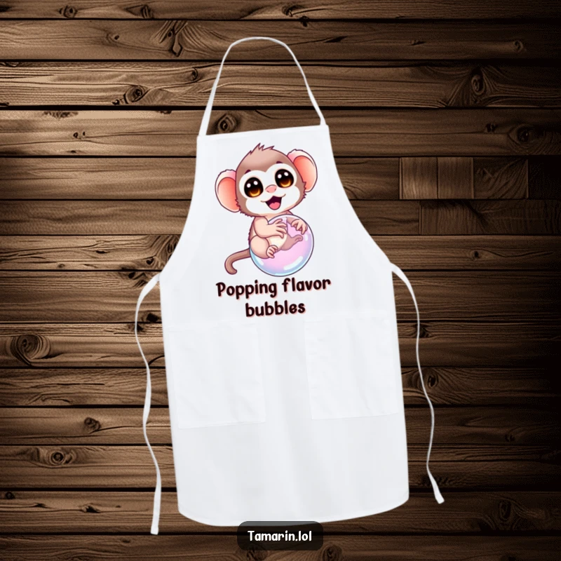 Funny tamarin apron, depicting a tamarin with delighted eyes trying to ride a bubble, perfect for adding whimsical flair to kitchen tasks.