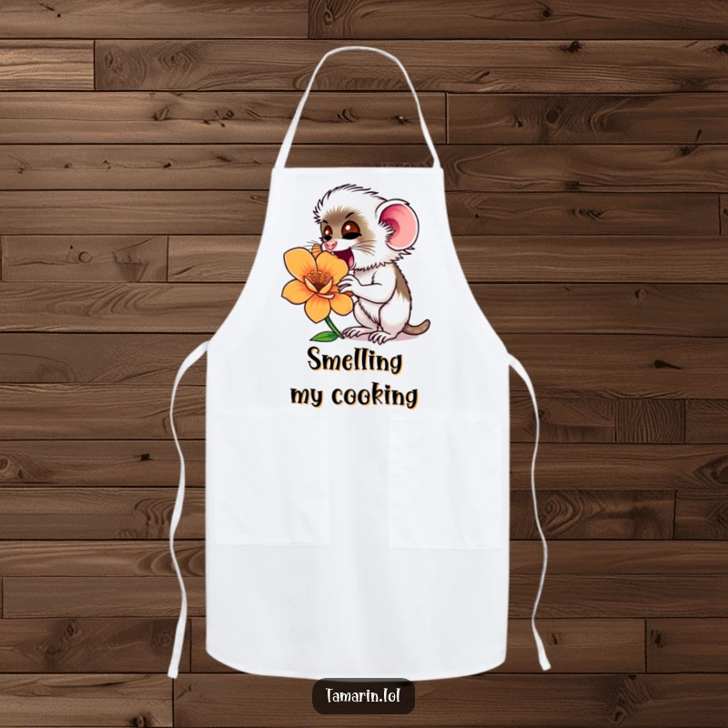 Funny tamarin monkey excitedly sniffing a large, colorful flower, featured on a practical and charming apron.