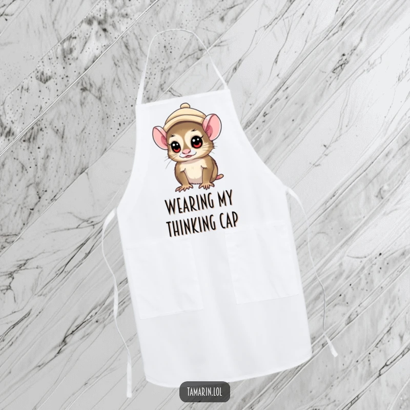 Funny tamarin monkey wearing a small hat, looking curiously sideways, featured on a practical and stylish apron.