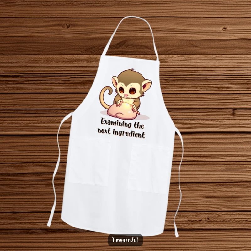 Funny apron with a curious tamarin character examining a shiny pebble, perfect for adding humor to kitchen activities.