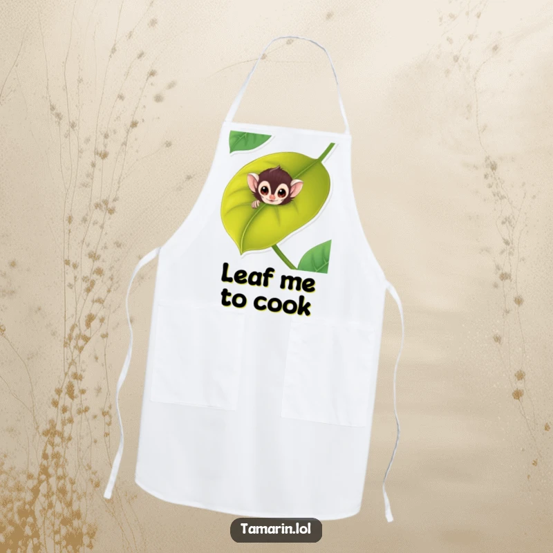 Funny tamarin apron shows a mischievous monkey peeking from a large leaf, perfect for a playful cook.