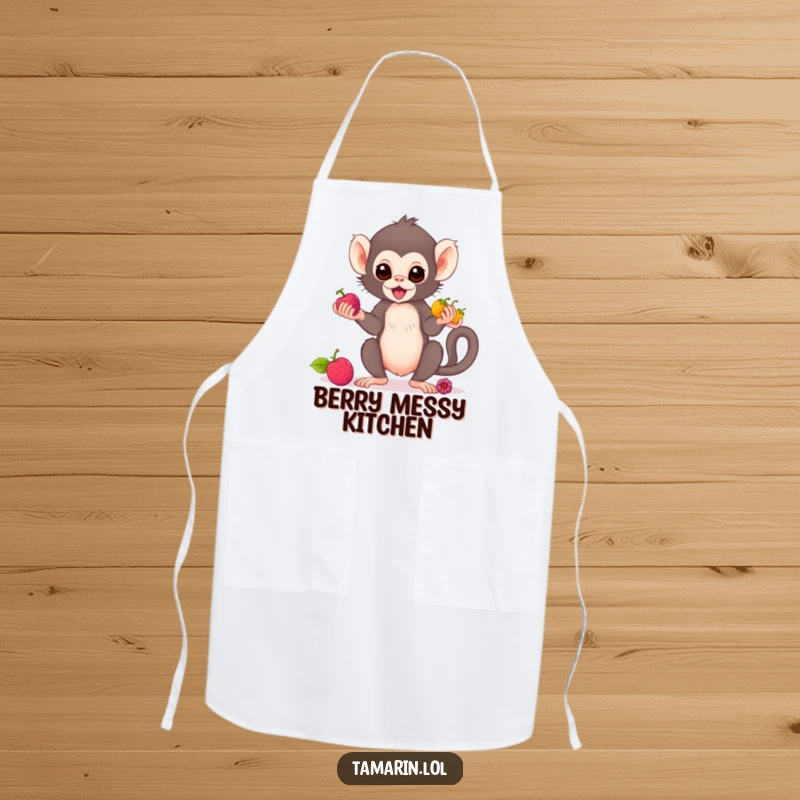 Funny tamarin monkey apron showing a cute primate juggling berries, ideal for kitchen protection with a humorous twist.