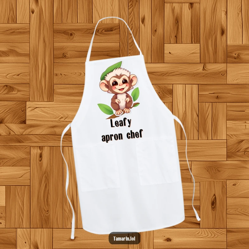 Funny tamarin monkey apron showing a smiling primate with a leaf hat, perfect for kitchen tasks with a humorous, natural twist.