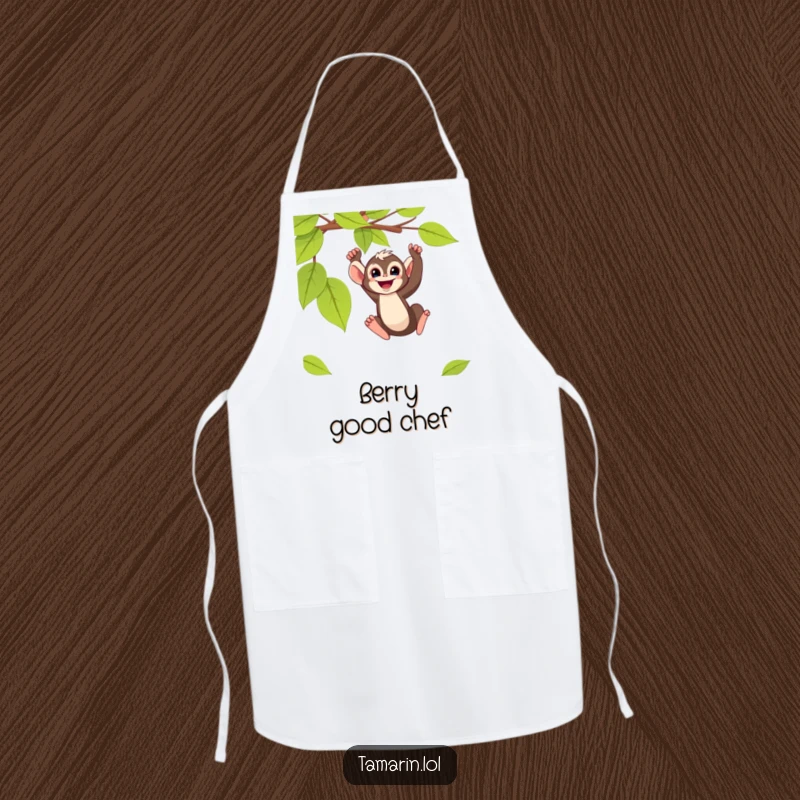 Funny tamarin monkey apron depicting a primate swinging from a vine, perfect for adding humor to kitchen tasks.