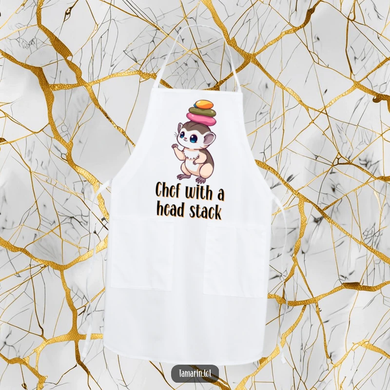 Funny tamarin apron: a chef's apron featuring a talented monkey balancing a stack of colorful pebbles on its head, adding humor to cooking.