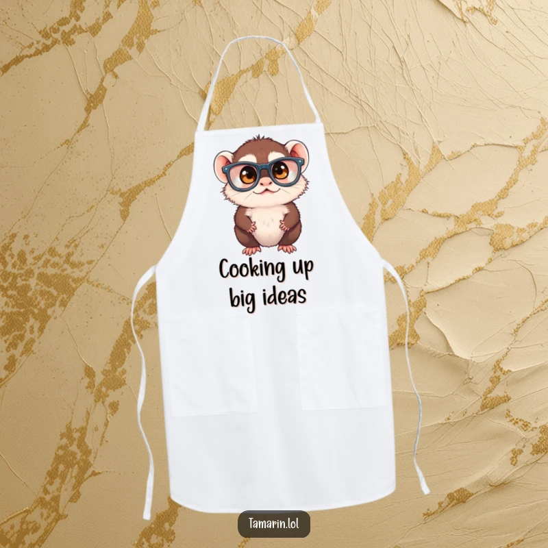 Funny tamarin monkey wearing oversized spectacles, squinting while cooking, on a durable kitchen apron, ideal for humorous chefs.