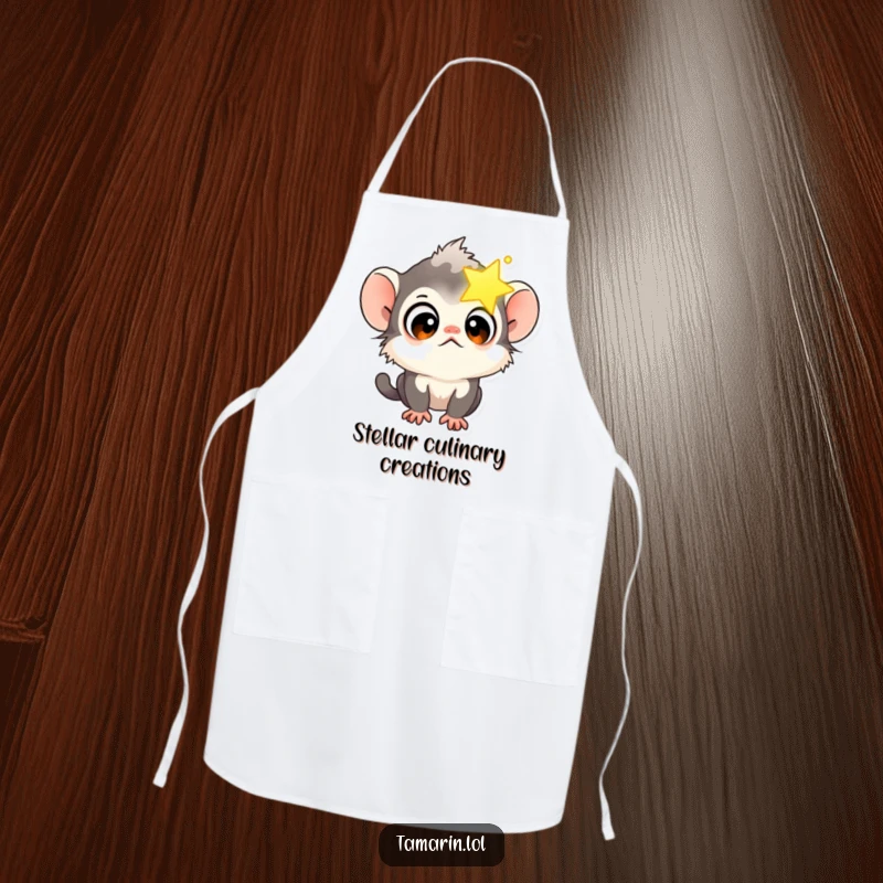 Funny Tamarin Star Gazer Apron featuring a curious tamarin monkey peering into a glowing star, great for kitchens.