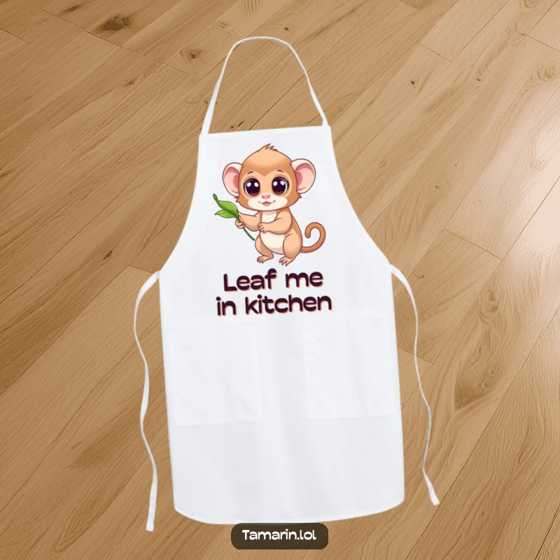 Funny apron depicting a tamarin with big eyes reaching for a floating leaf, adding a touch of whimsy to cooking.