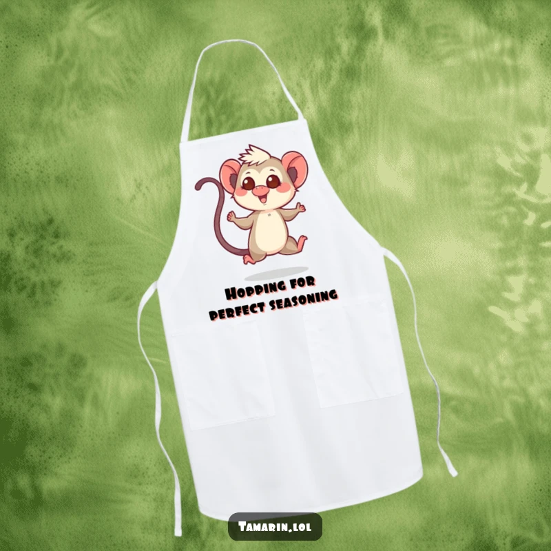 Funny apron with a tamarin character doing a cheerful hop with its tail raised, adding humor and energy to the kitchen.