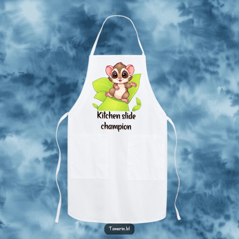 Funny tamarin apron, depicting an excited tamarin sliding down a leafy green slide, perfect for adding adventurous flair to kitchen tasks.