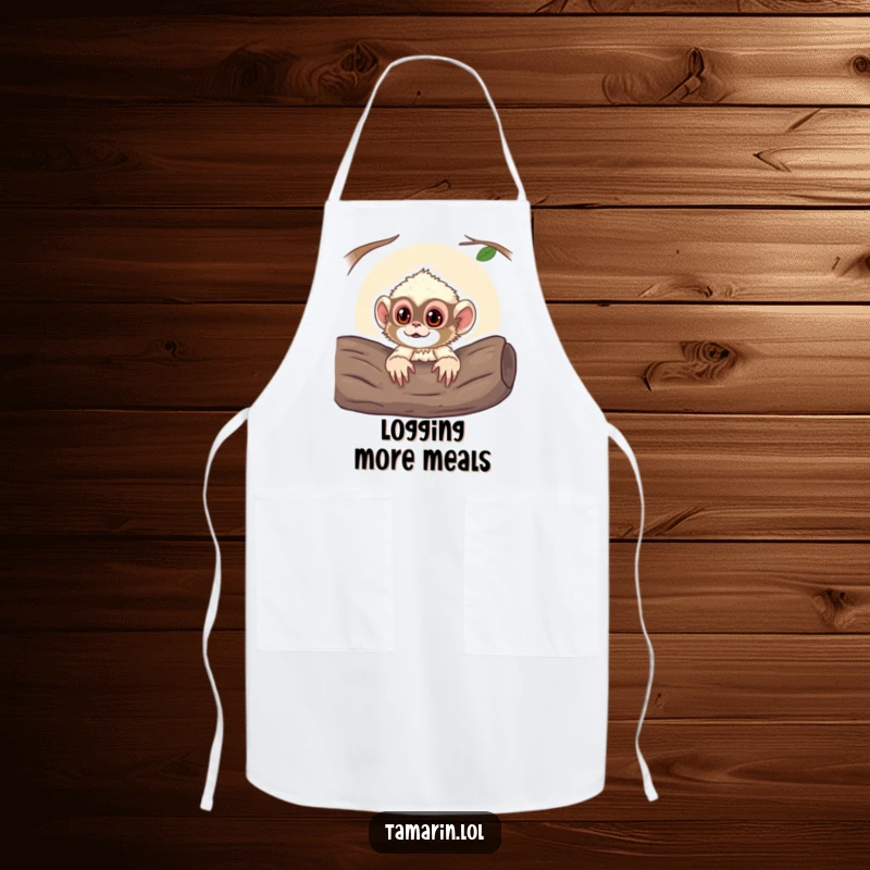 Funny apron with a curious tamarin monkey poking its head out from a log, ideal for kitchen fun and protecting clothes.