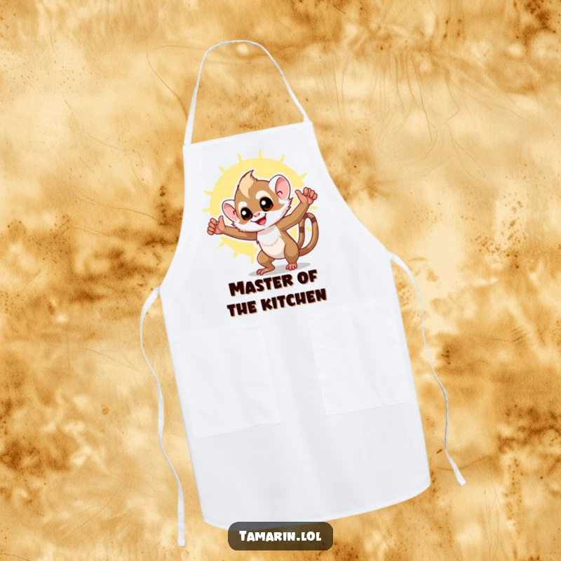 Funny tamarin apron showing a triumphant monkey chef ready to conquer the kitchen, set against a bright, sunny background for a cheerful cooking experience.