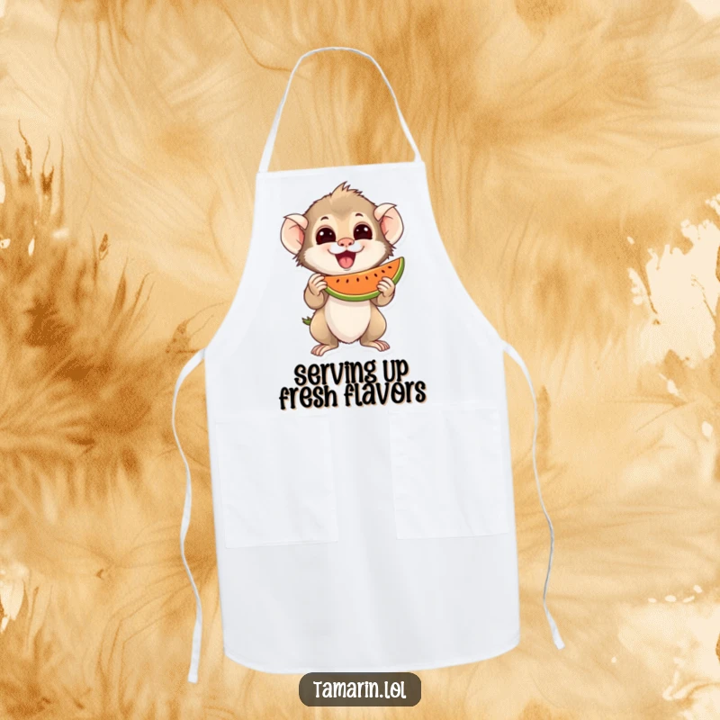 Funny Apron featuring an excited tamarin character holding a juicy piece of fruit, perfect for kitchen use with fruity humor.