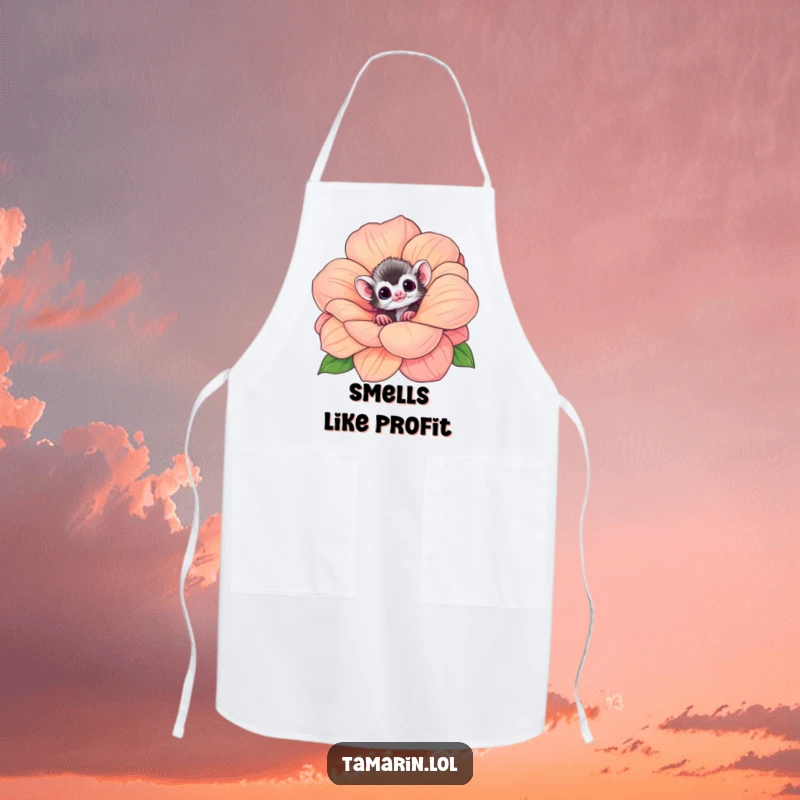 Funny tamarin apron showing a curious monkey peeking from a big flower, ideal for kitchen fun and protection.