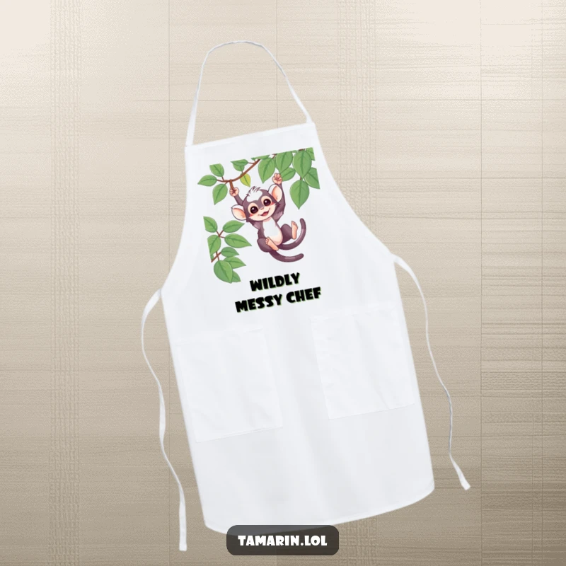 Funny Apron featuring a cute tamarin character swinging from a vine, perfect for kitchen use with jungle humor.