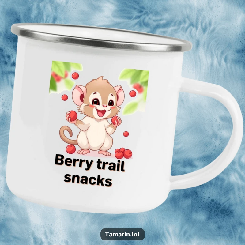 Funny camping mug illustration of a tamarin gleefully juggling small berries, perfect for outdoor merriment.