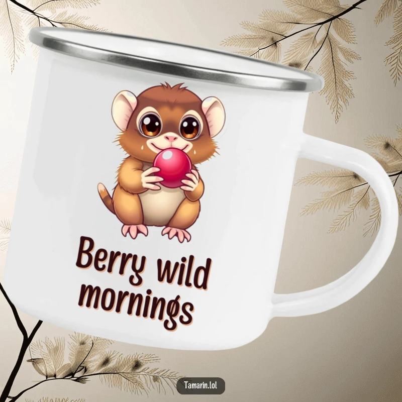Funny Tamarin Camping Mug showing a delighted primate with eyes wide, holding a shiny berry, ready for the outdoors.