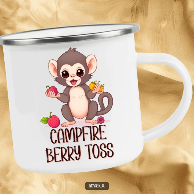 Funny tamarin monkey camping mug showing a cute primate juggling berries, designed for outdoor fun and a good laugh.