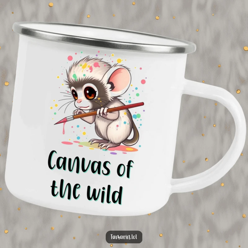 Funny tamarin camping mug, showcasing a tamarin artistically splattering paint, perfect for outdoor drinks and creative inspiration.