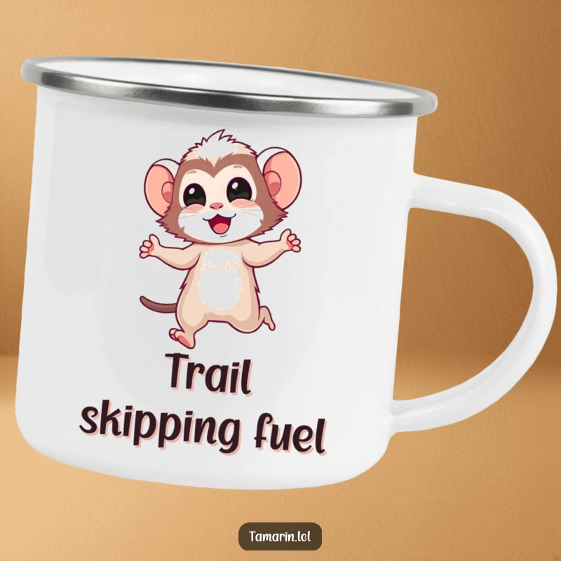 Funny tamarin camping mug with a happy tamarin character doing a joyful skip, perfect for cozy outdoor moments and cheerful sips.