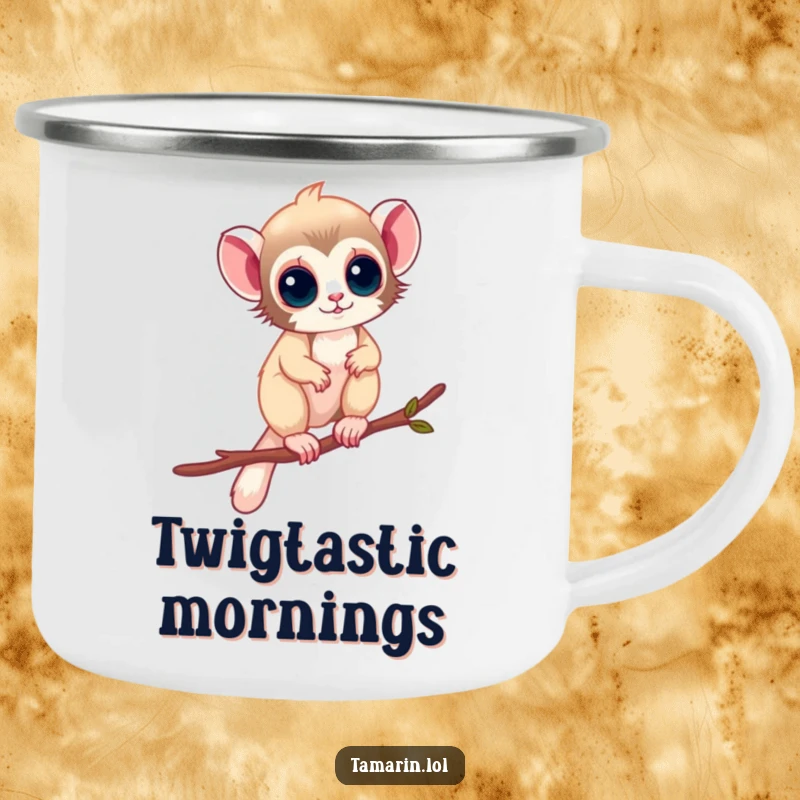 Funny Camping Mug: A tamarin balances on a thin twig, bringing adventurous vibes to the outdoors, a great funny gift.