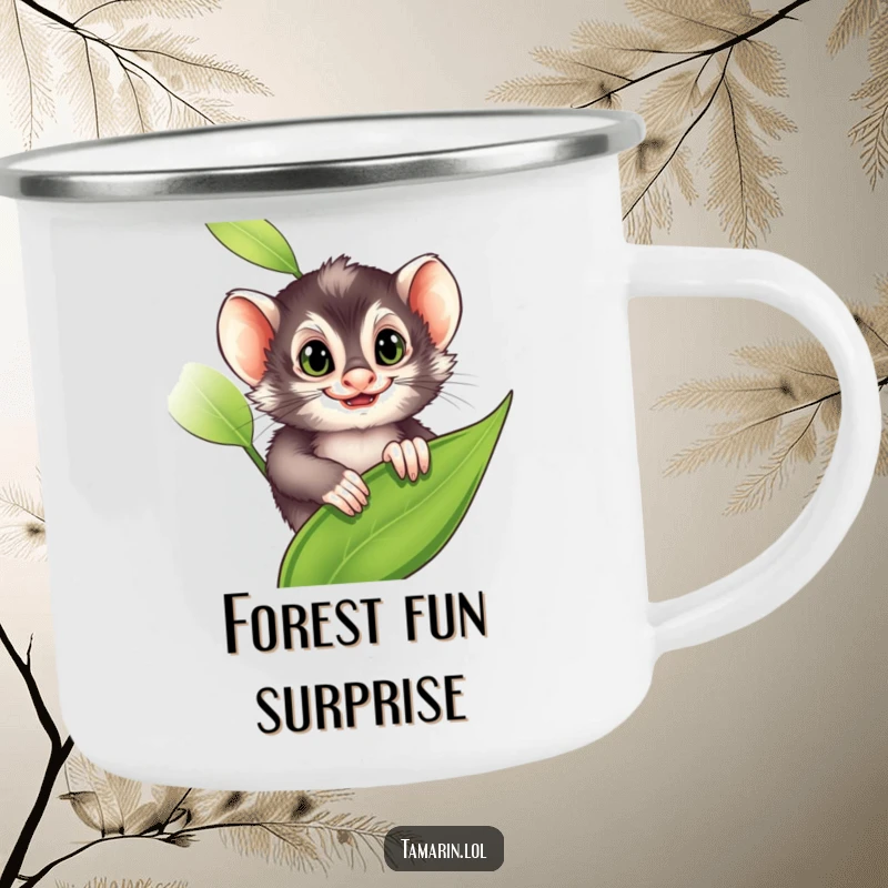 Funny Camping Mug: A tamarin peeks from a leaf with a mischievous grin, bringing playful vibes outdoors, a great funny gift.