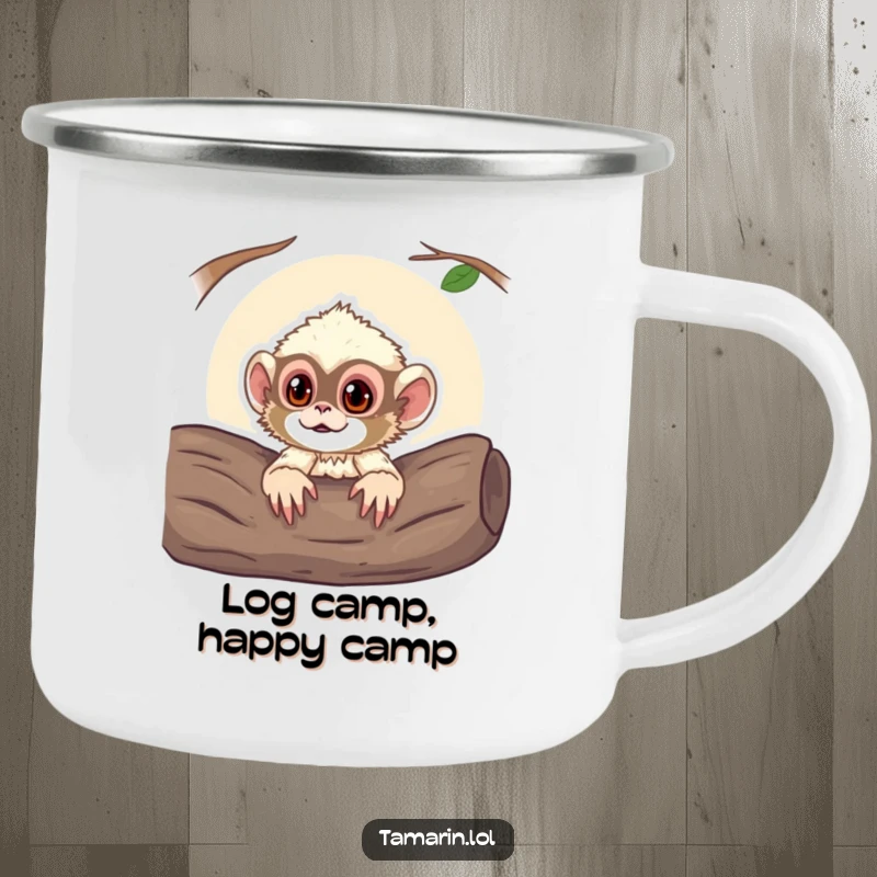 Funny camping mug depicting a curious tamarin monkey poking its head out from a log, ideal for adventurous sips outdoors.