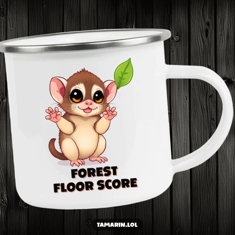 Funny Leaf-Catching Tamarin Camping Mug: A sturdy enamel mug featuring a playful monkey reaching for a leaf, perfect for outdoor enjoyment.