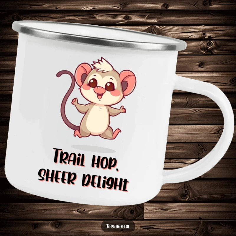 Funny camping mug depicting a tamarin character performing a cheerful hop with its tail high, ideal for outdoor fun.