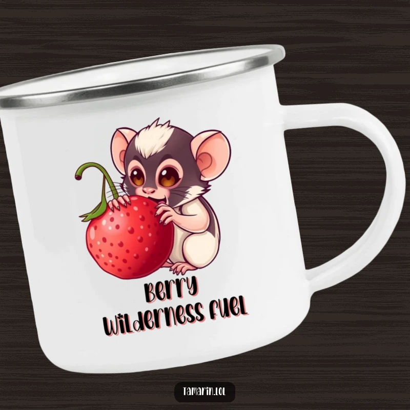 Funny tamarin camping mug: a rugged mug with a happy monkey eating a berry, perfect for outdoor adventures and humor.