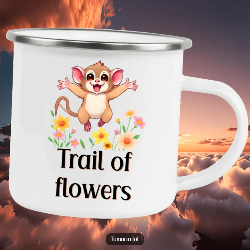 Funny camping mug showing a tamarin with arms wide open, leaping through colorful flowers, perfect for outdoor animal humor.