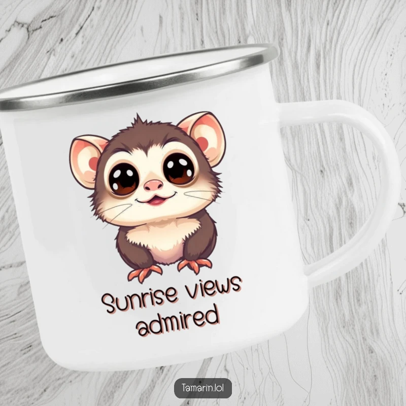 Funny Tamarin Camping Mug: Tamarin with wide, happy eyes looks up, embodying cheerful outdoor moments and pure delight.