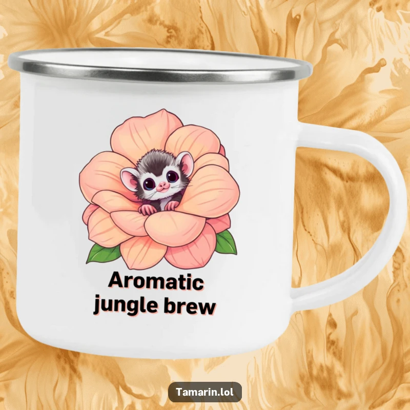 Funny tamarin camping mug featuring a curious monkey peeking from a big flower, perfect for hot or cold drinks outdoors.
