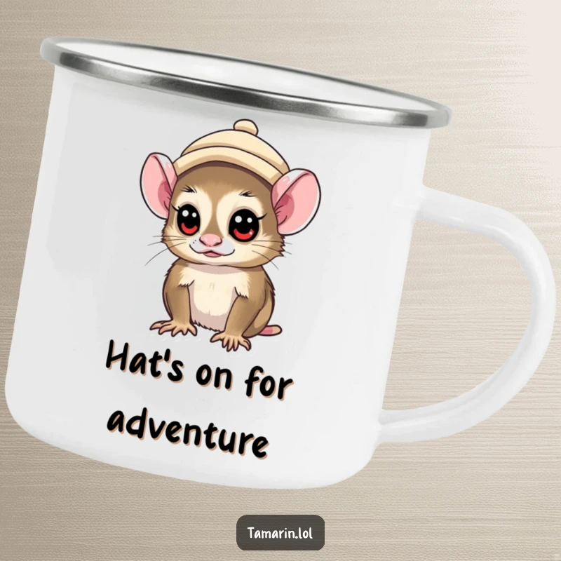 Funny tamarin monkey wearing a small hat, looking curiously, printed on a durable camping mug.