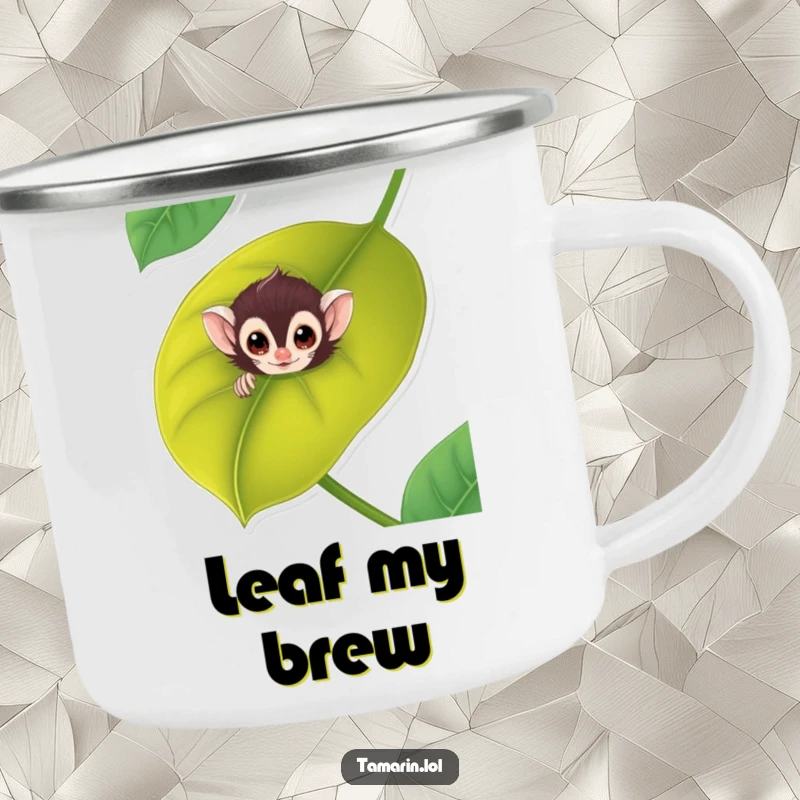 Funny tamarin camping mug shows a curious monkey peeking from a large leaf, perfect for outdoor enthusiasts.