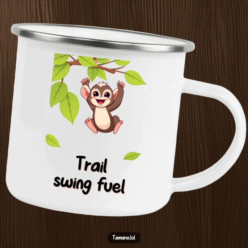 Funny tamarin monkey camping mug showing a primate swinging from a vine, perfect for rugged adventures and a good laugh.
