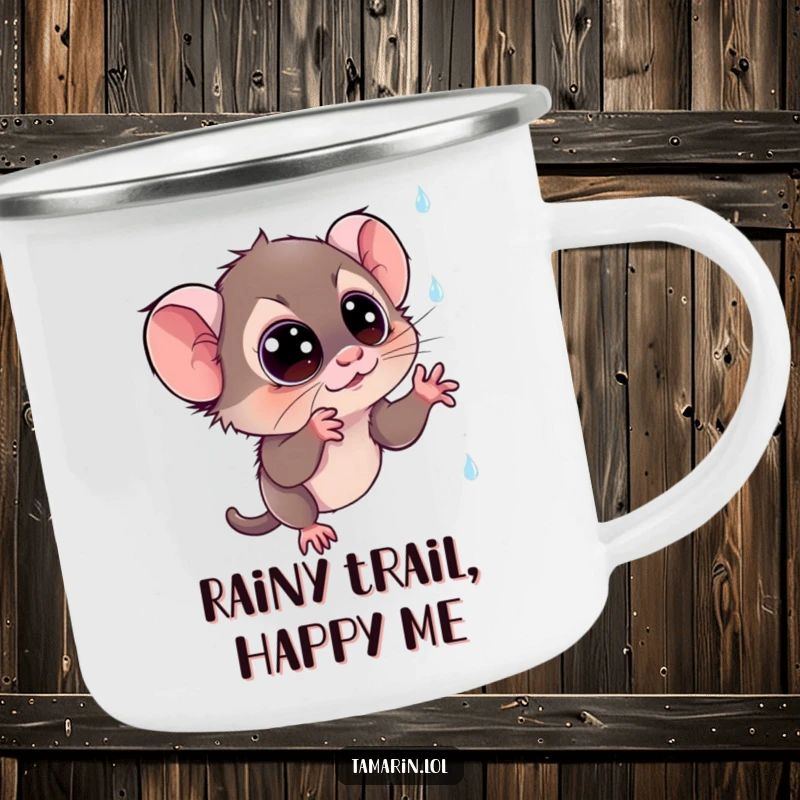 Funny tamarin camping mug: a sturdy mug showing a curious monkey reaching for magical, sparkling rain, ideal for outdoor whimsy.
